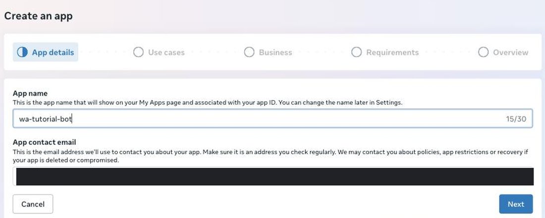 Meta app creation wizard, App details step, with the app name wa-tutorial-bot filled in and the contact email blacked out