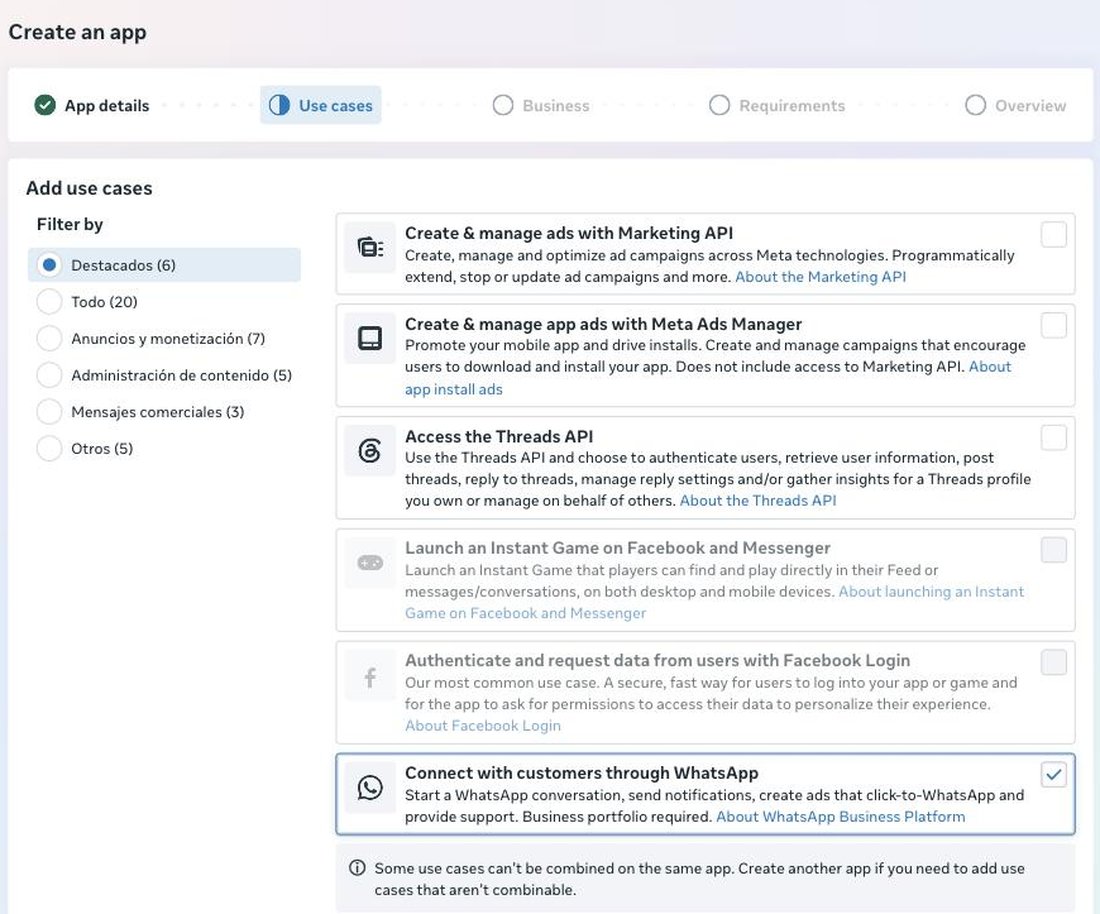Use case selection screen with 'Connect with customers through WhatsApp' checked, and a warning that some use cases can't be combined in the same app