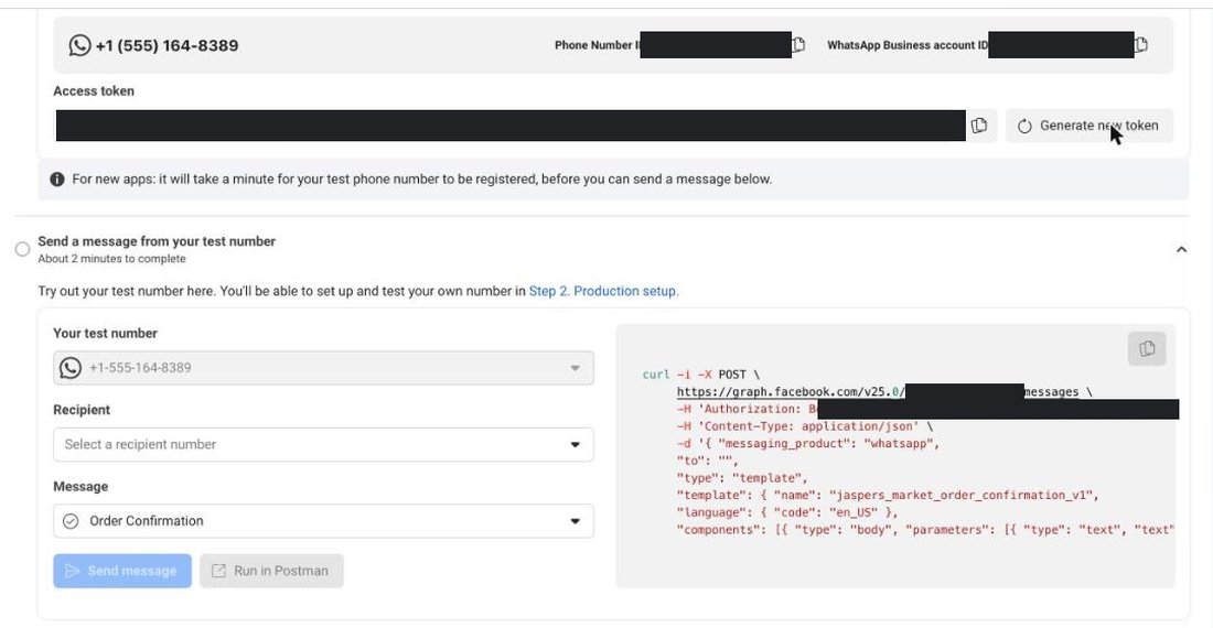 Step 1 Try it out panel: test number +1 555 164-8389 with the Phone Number ID and WhatsApp Business account ID blacked out, a generated access token blacked out, a recipient picker, a message template selector and a prefilled curl command