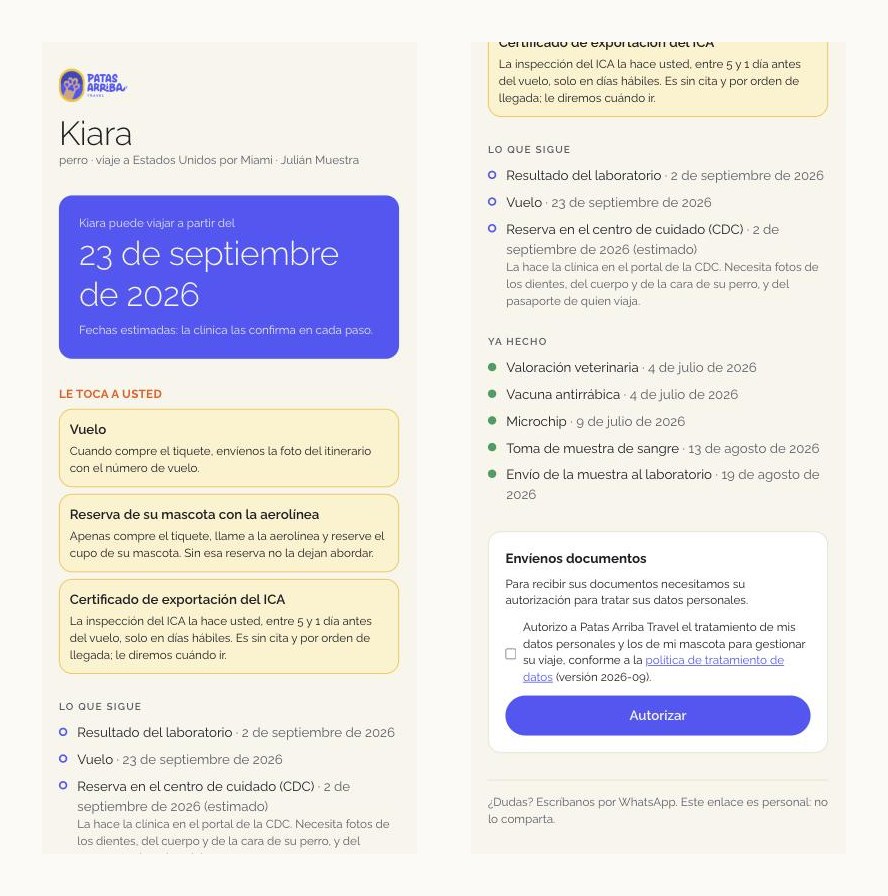 Two phone-sized views of the tutor page: the first shows the pet's name, the date it can travel, a what-you-need-to-do block with flight, airline booking and ICA certificate, and a what-comes-next list; the second shows the already-done steps with their dates and a consent box naming the data policy version before documents can be uploaded